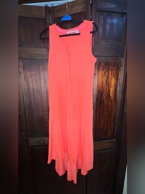 Isaac Mizrahi Sleeveless Coral-Orange Maxi Dress with Lace-Up Neck